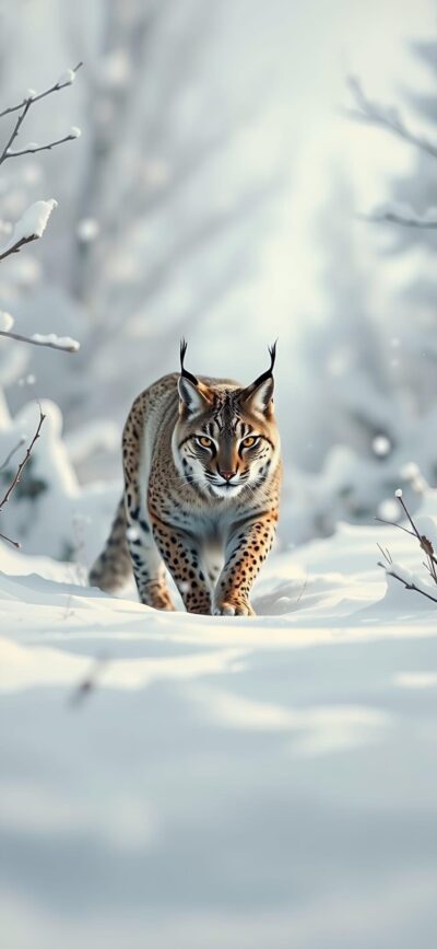 Majestic lynx in snowy landscape with snow-covered trees, capturing a serene winter scene | 4K Wallpaper for Mobile