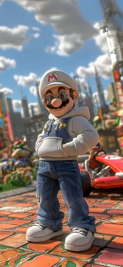 Mario in an urban setting with buildings and clouds | Blue, White, Red, Green themes | Mobile | 4K Wallpaper