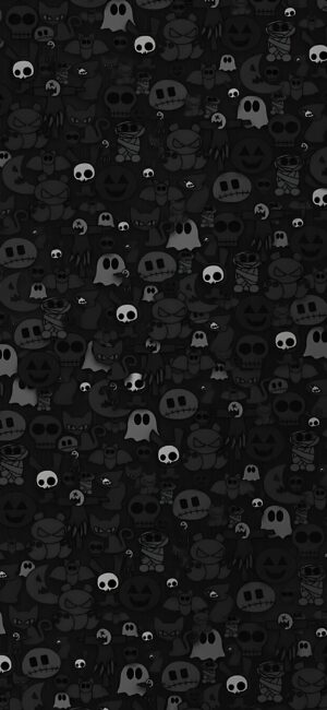 Halloween-themed pattern with ghosts, skulls, and monsters in dark tones | Black and Gray | 4K Wallpaper for Mobile