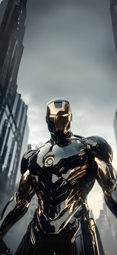 Futuristic Iron Man in sleek armor set against a modern cityscape with a moody sky. | Gold, black, grey | 4K Wallpaper for Mobile