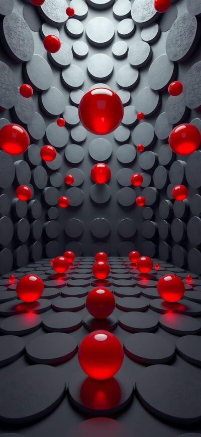 Mesmerizing abstract design with vivid red spheres in a dark gray geometric setting. | 4K Wallpaper for Mobile