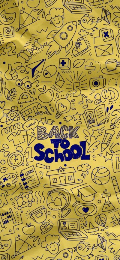 "Back to School" doodles wallpaper with books, pencils, rockets, and more in yellow and blue tones for mobile | 4K Wallpaper.