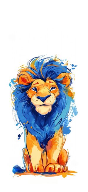 Stylized lion with vibrant blue mane on white background with blue splashes | 4K Wallpaper for Mobile | Blue, Orange, White