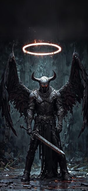 Armored figure with black wings, glowing halo, holding a sword in a dark fantasy scene | 4K Wallpaper for Mobile