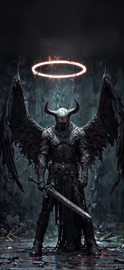 Armored figure with black wings, glowing halo, holding a sword in a dark fantasy scene | 4K Wallpaper for Mobile