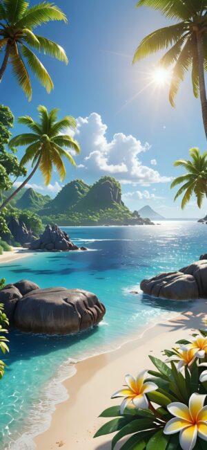 Tropical beach with turquoise waters, palm trees, vibrant flowers, mountains, and sunny sky | 4K Wallpaper, for Mobile