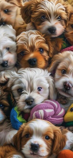 Adorable puppies with toys, showcasing various breeds' fluffy and playful nature | 4K Wallpaper for Mobile