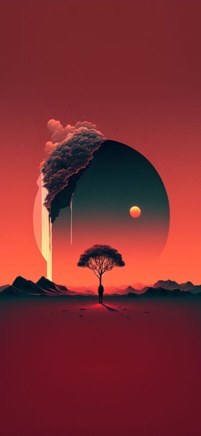 Surreal landscape wallpaper with a single tree and dramatic sunset, featuring vivid abstract elements. | 4K Wallpaper for Mobile