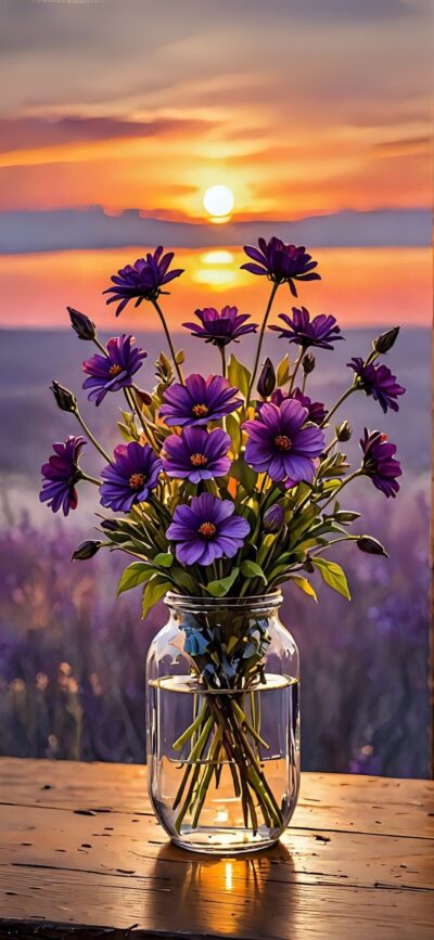 Purple flowers in a glass vase with sunset backdrop, featuring vibrant sunset hues. | 4K Wallpaper for Mobile