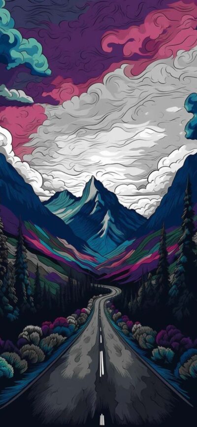 Surreal mountain valley with winding road, vibrant clouds, and bold colors | Purple, Blue, Grey, Pink | 4K Wallpaper for Mobile