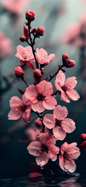 Cherry Blossom flowers in full bloom with pink petals on a blurred background | Pink & Dark Colors | 4K Wallpaper for Mobile