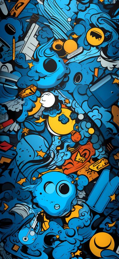 Vibrant abstract comic-style wallpaper with cartoon elements, bat symbol, and blue, orange, black hues | 4K Wallpaper for Mobile