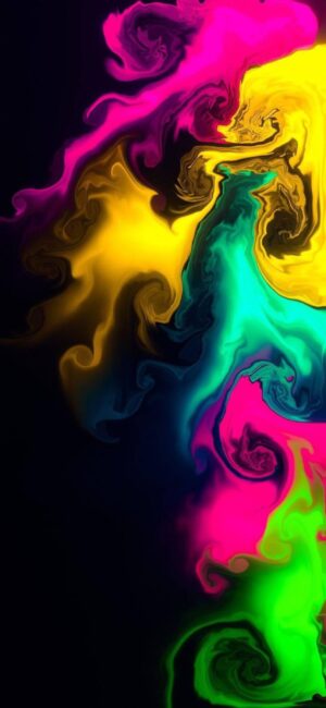 Alt tag: Abstract swirls in vibrant yellow, pink, green, blue, and black colors create a dynamic design | 4K Wallpaper for Mobile