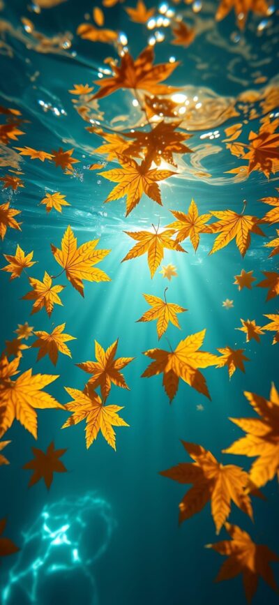 Underwater scene with sunlit orange autumn leaves contrasting with tranquil blue water, creating a serene vibe | 4K Wallpaper for Mobile