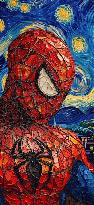 Mosaic-styled Spiderman with a Van Gogh "Starry Night" backdrop. Vibrant colors: red, blue, yellow. | 4K Wallpaper, for Mobile