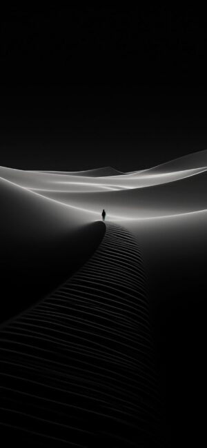 Minimalist surreal sand dunes with light, shadow, and a solitary figure | 4K Wallpaper for Mobile | Black and White Theme