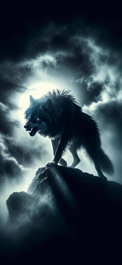 Wolf on rocky outcrop with misty night sky, moon shining. Black, blue, white theme. | 4K Wallpaper for Mobile