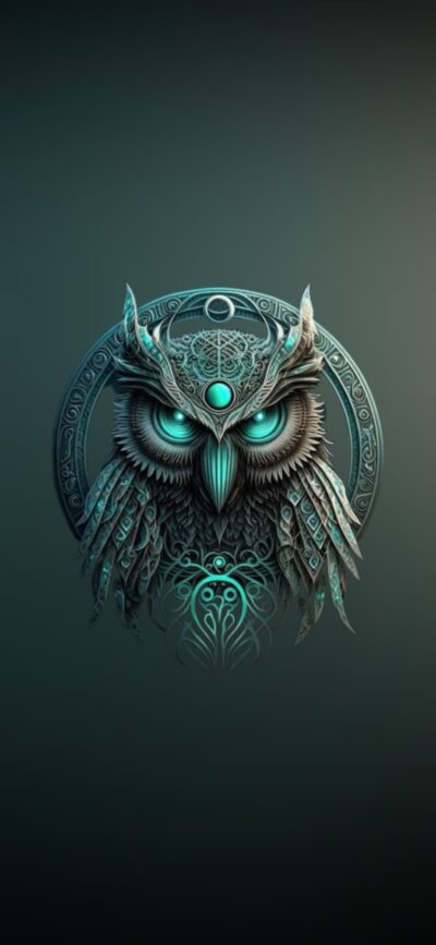 Intricate mystical owl with glowing turquoise eyes on a dark background | Teal & Black | 4K Wallpaper for Mobile