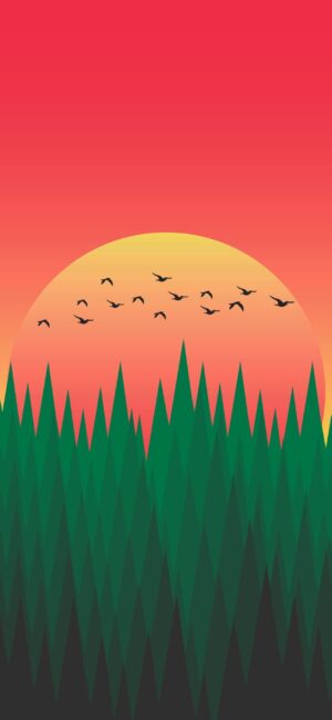 Stylized sunset with red and pink gradient sky, silhouetted birds, and lush green forest. Serene nature scene | 4K Wallpaper for Mobile