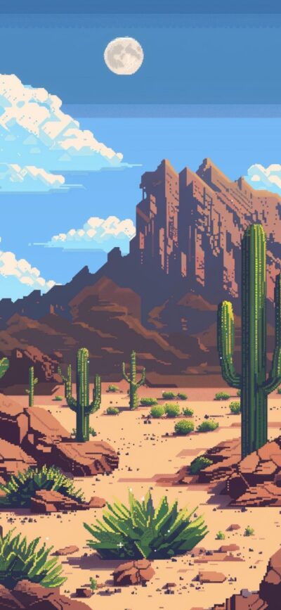 Pixel art desert landscape with cacti, rugged mountains, blue sky, and moon | 4K Wallpaper for Mobile