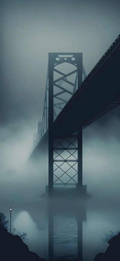 Moody steel bridge enveloped in fog, creating a mysterious ambiance. | 4K Wallpaper, for Mobile | Black, Gray, Blue tones