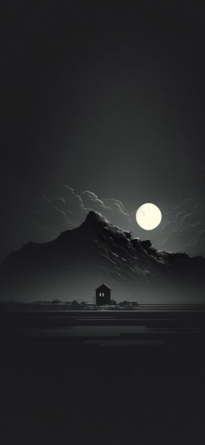 Serene night scene with a small house, mountain, and full moon in soft moonlight | Black, White, Gray | 4K Wallpaper for Mobile