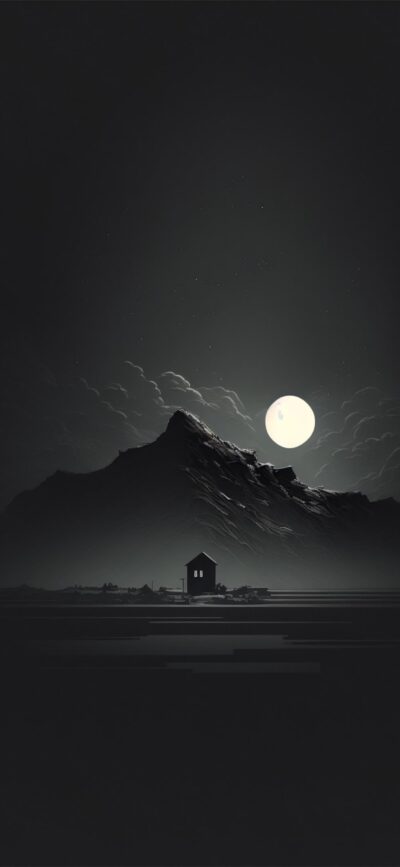 Serene night scene with a small house, mountain, and full moon in soft moonlight | Black, White, Gray | 4K Wallpaper for Mobile