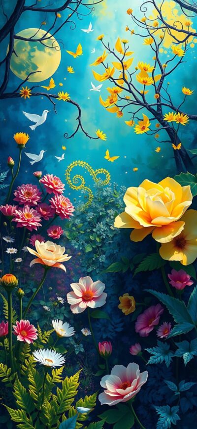 Vibrant floral scene with colorful flowers, glowing moon, birds, and butterflies. Serene spring garden feel | 4K Wallpaper for Mobile