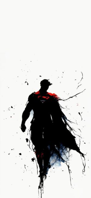 Silhouette of Superman with artistic splashes in black and red tones for mobile | 4K Wallpaper