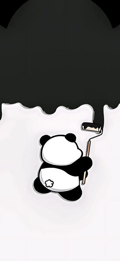 Cute cartoon panda painting with black-over-white effect, perfect for mobile | 4K Wallpaper | Black and white playful design