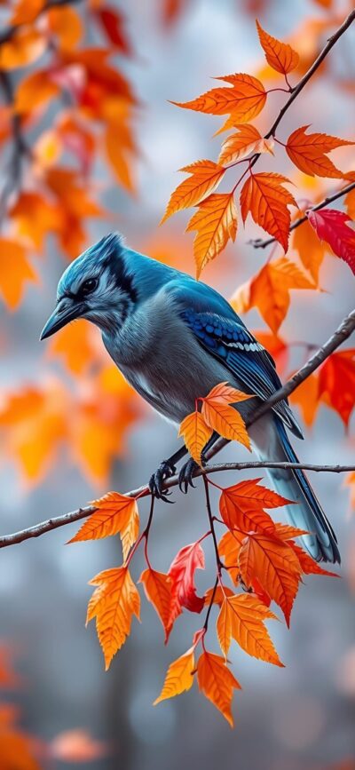 Blue Jay on Branch with Orange Autumn Leaves | Vivid Blue & Warm Tones | 4K Wallpaper for Mobile | Nature & Bird Lovers