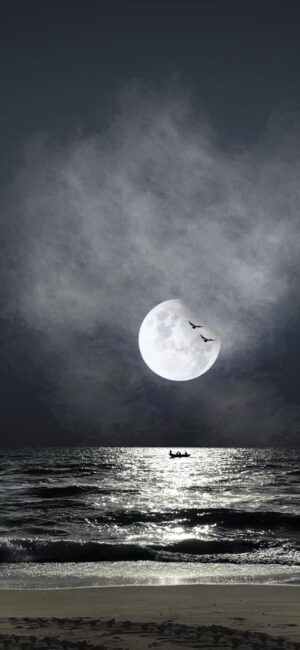 Serene night scene with full moon over ocean, shimmering reflections, distant boat, and birds flying in sky | 4K Wallpaper for Mobile