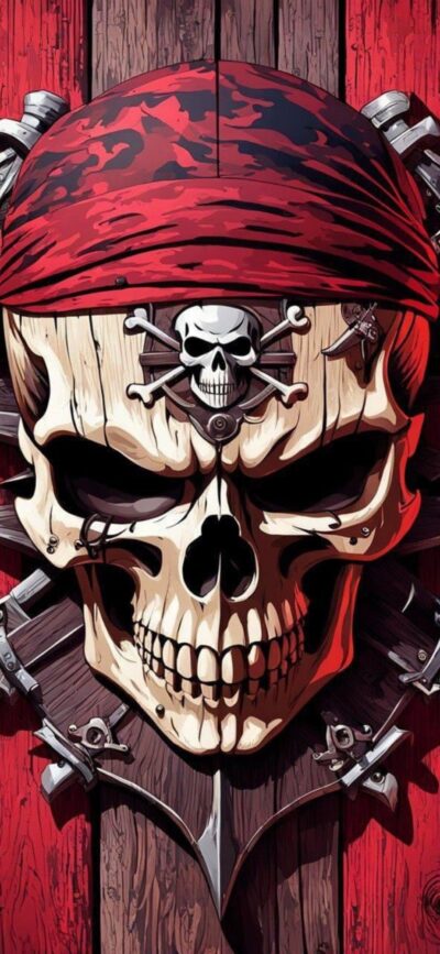 Pirate-themed skull with red bandana on textured wooden backdrop; adventure vibes. Red, brown, black palette | 4K Wallpaper for Mobile