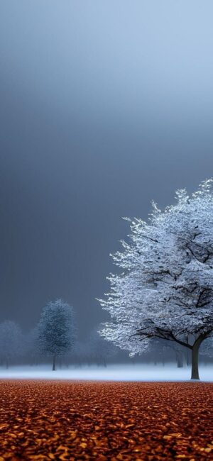 Snowy tree on misty background with red leaves | Blue, Red, White, Gray tones | Landscape, Nature, Winter | 4K Wallpaper for Mobile