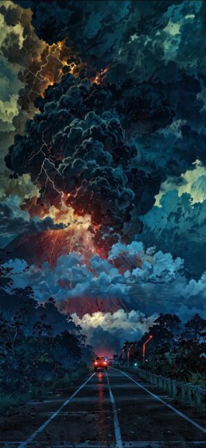 Volcanic eruption scene with lightning and a road in the foreground, featuring dark, blue, grey, and orange tones | 4K Wallpaper for Mobile.