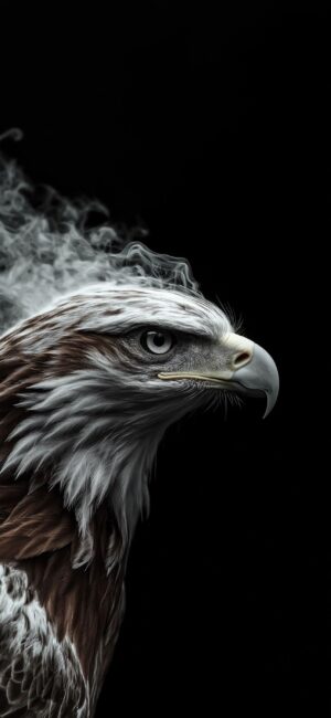 A majestic eagle with an intense gaze against a dark background, featuring detailed feathers and smoke. | 4K Wallpaper for Mobile