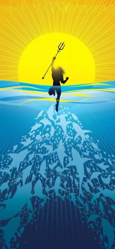 Silhouette with trident walking on water at sunset, with fish below; Yellow & Blue tones | 4K Wallpaper, for Mobile