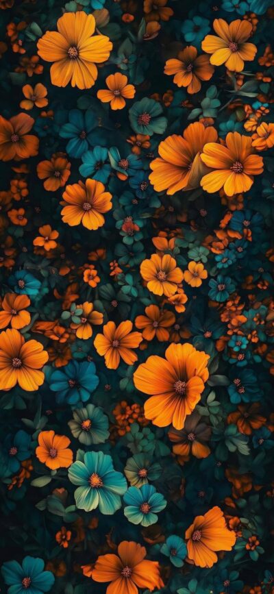 Vibrant floral design with orange and teal flowers on a dark background | 4K Wallpaper for Mobile | Nature's colors and depth.