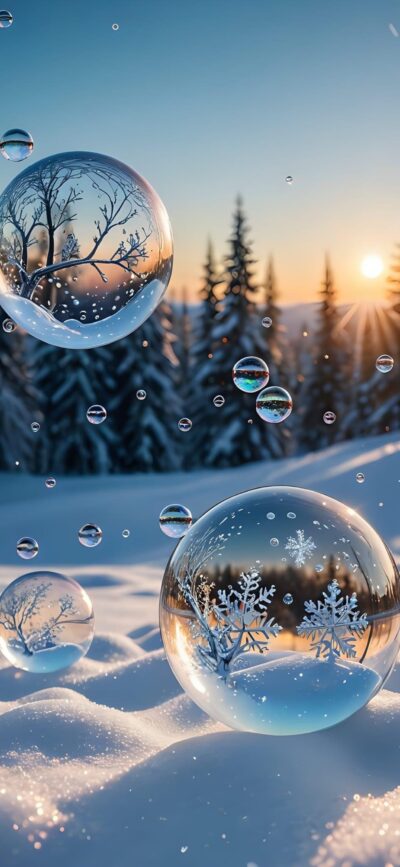 Serene winter landscape with snow-covered trees, glass-like bubbles, and a warm sunset glow | 4K Wallpaper for Mobile