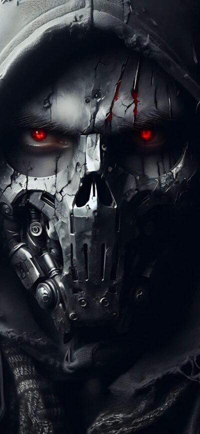 Mysterious figure with red glowing eyes, worn cyborg mask, dark hood. Black, red, grey tones | 4K Wallpaper for Mobile