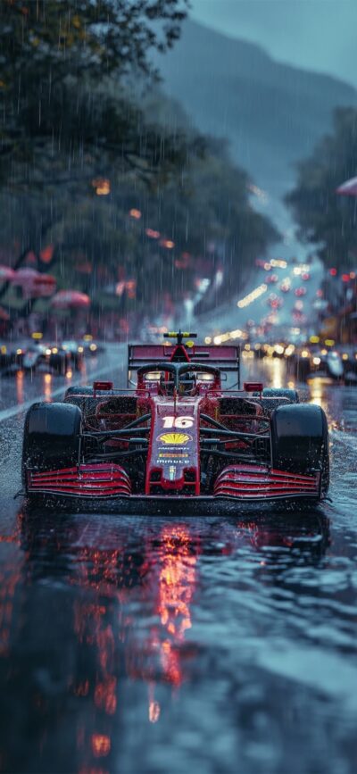 Red Formula 1 race car on rainy city street with reflections and blurred lights | 4K Wallpaper for Mobile