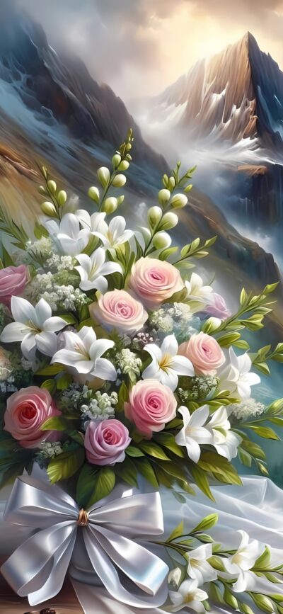 Bouquet of pink roses and white lilies with a mountain backdrop beneath a cloudy sky | 4K Wallpaper for Mobile