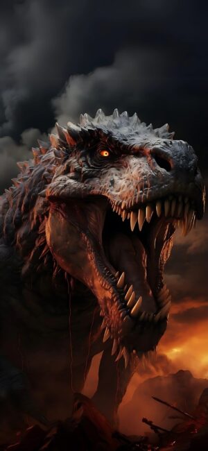 Tyrannosaurus Rex with glowing eyes under a stormy sky, fiery tones | Black, Orange, Brown | 4K Wallpaper for Mobile