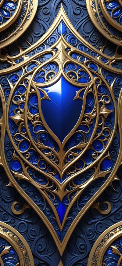 Blue shield with gold filigree on deep blue textured background | 4K Wallpaper for Mobile | Blue & Gold, Abstract, Pattern, Luxury