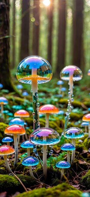 Magical forest with vibrant mushrooms on a mossy floor, sunlight filters through trees creating a dreamy scene | 4K Wallpaper for Mobile