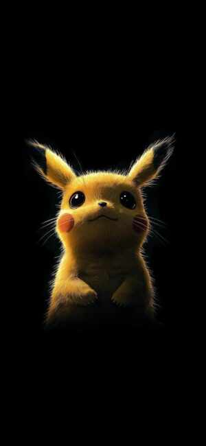 Pikachu on black background | 4K Wallpaper for Mobile, featuring yellow and red highlights. Perfect for Pokemon and anime fans.