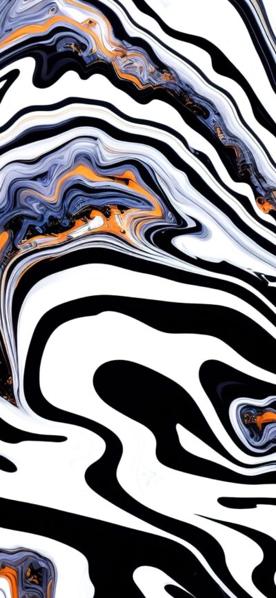 Abstract swirling patterns in black, white, orange, and blue create a fluid, marble-like design. | 4K Wallpaper, for Mobile