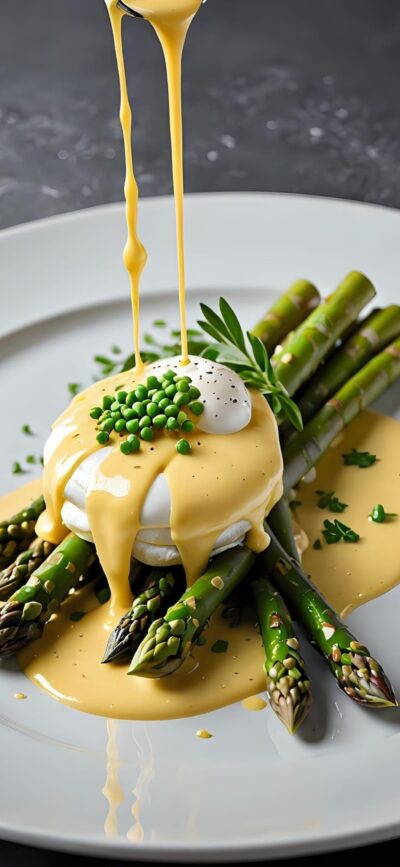 Poached egg with asparagus, hollandaise sauce, herbs, rich textures on a neutral backdrop | Green, Yellow, White | 4K Wallpaper for Mobile