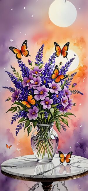 Purple and pink flowers in vase on marble table; Monarch butterflies, watercolor background blending orange, pink, purple | 4K Wallpaper, for Mobile