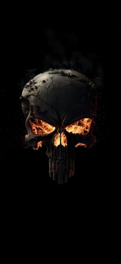 Flaming skull art on a dark backdrop with fiery eyes for a dramatic, edgy mobile experience | 4K Wallpaper for Mobile.